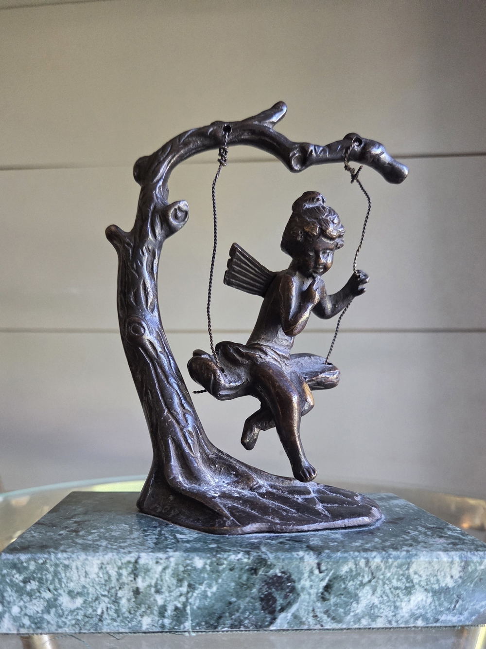 Vintage Signed Auguste Moreau Bronze Cherub on Swing  Sculpture
